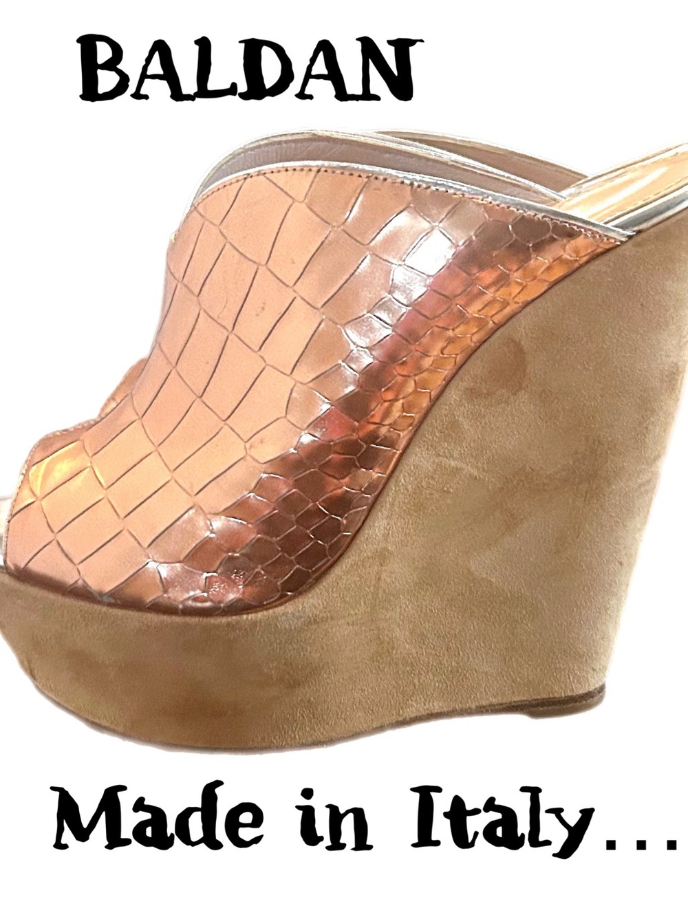 Baldan Rose Gold Croc-Embossed Peep-Toe Wedge Mules